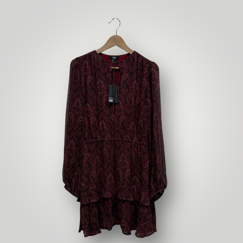 PAIGE Doah Dress Cabernet Wandering Paisley Silk Mini Tiered Burgundy ‎ M